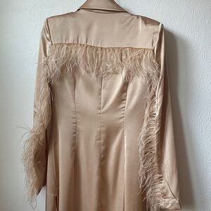 Hanifa Champagne Satin Open-Front Long Jacket/Blazer with Feather Details